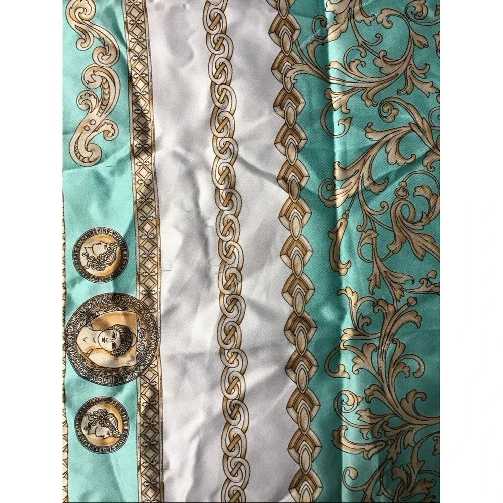 Vintage Monaco-Monte Carlo Teal Blue Gold Baroque Square Scarf Made in Italy